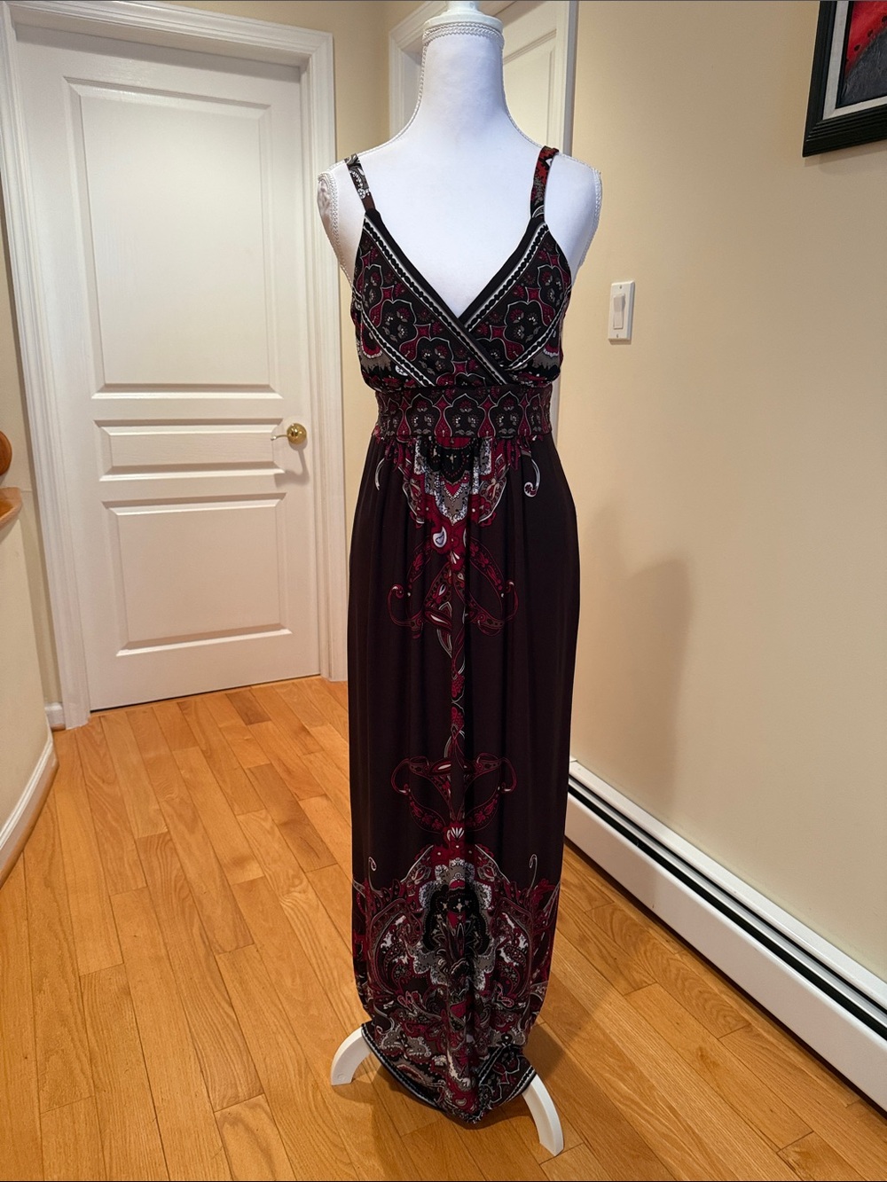 Olivia Matthews Black and Burgundy Paisley Maxi Dress built in bra